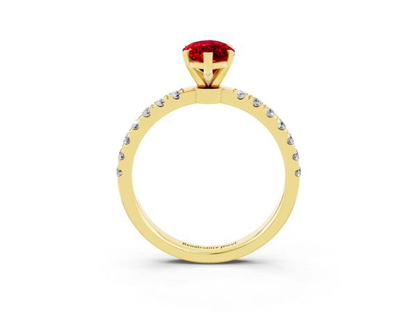 Yellow gold Marquise Cut Ruby Solitaire Ring with Pavé Accents and Four-Prong Setting