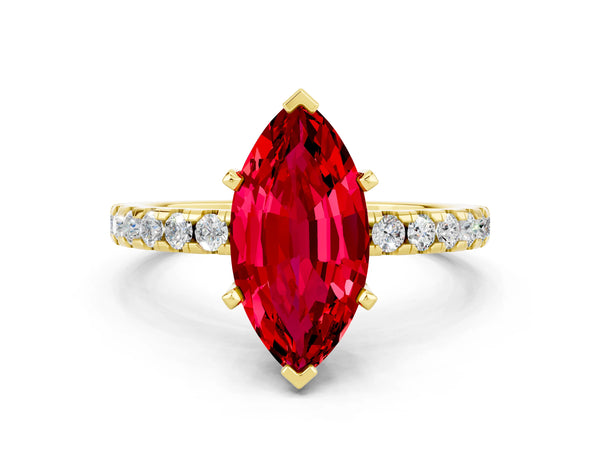 Yellow gold Marquise Cut Ruby Solitaire Ring with Round  Pavé Band and Four-Prong Setting