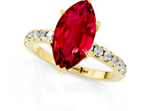 Yellow gold Marquise Cut Ruby Solitaire Ring with Pavé Band and Four-Prong Setting_25