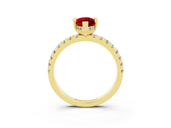 Yellow gold Marquise Cut Ruby Solitaire Ring with Round  Pavé Band and Four-Prong Setting
