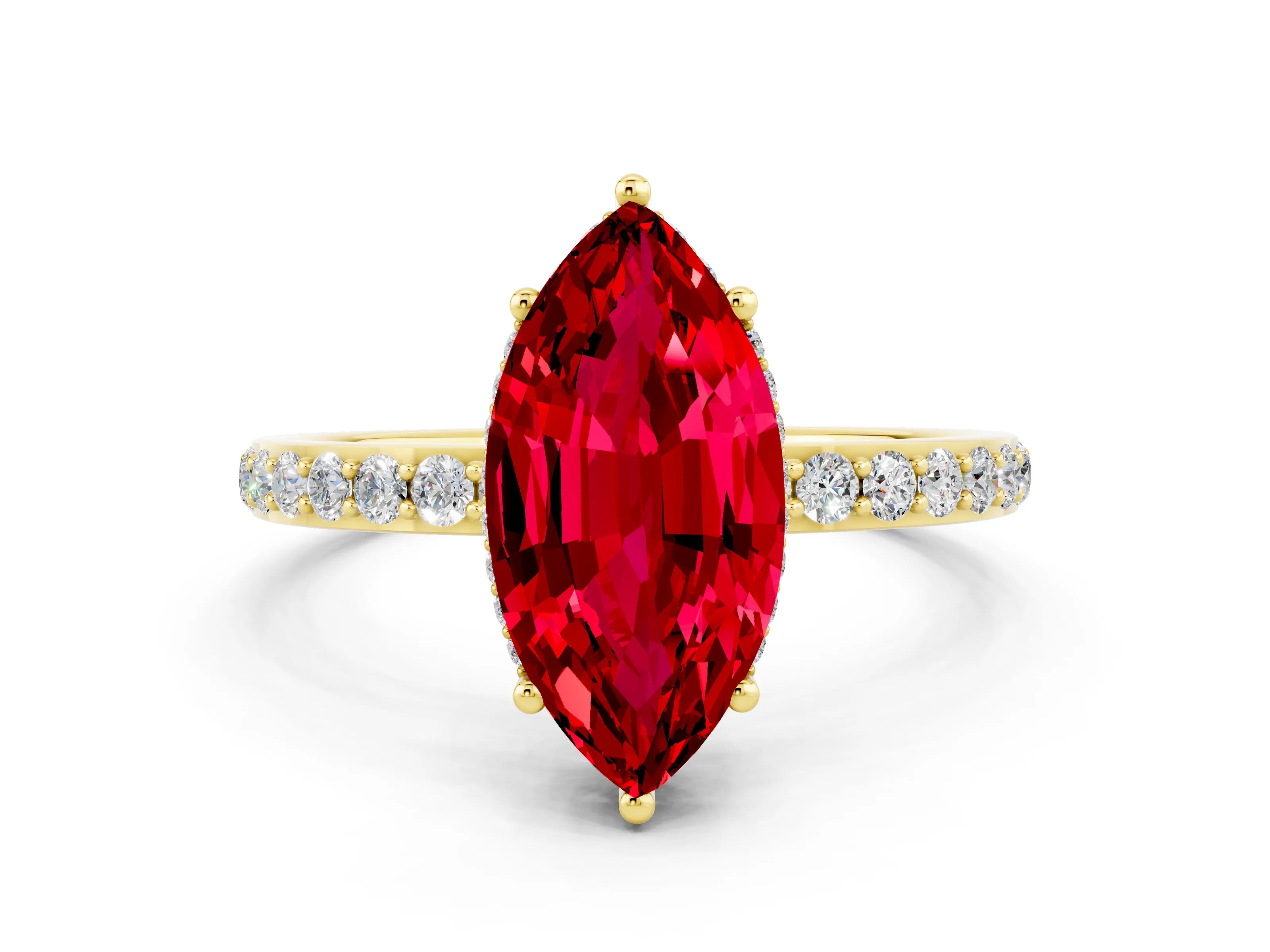 Yellow gold Marquise Cut Ruby Solitaire Ring with Pavé Band and Hidden Halo_12