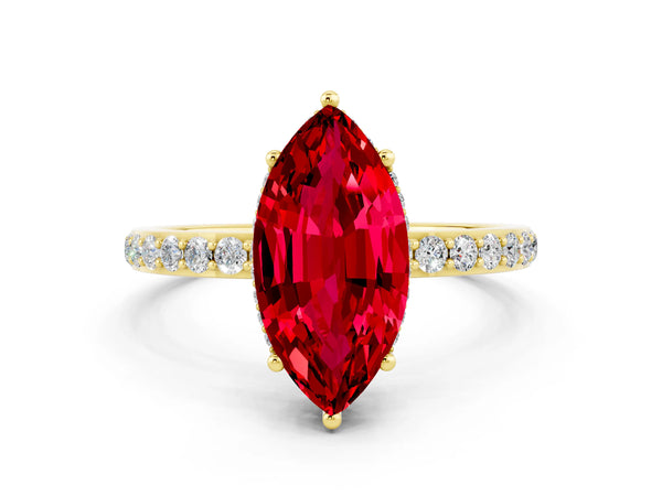 Yellow gold Marquise Cut Ruby Solitaire Ring with Pavé Band and Hidden Halo