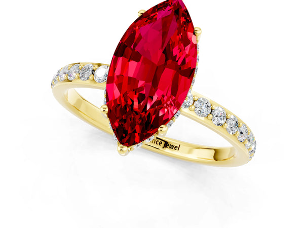 Yellow gold Marquise Cut Ruby Solitaire Ring with Pavé Band and Hidden Halo