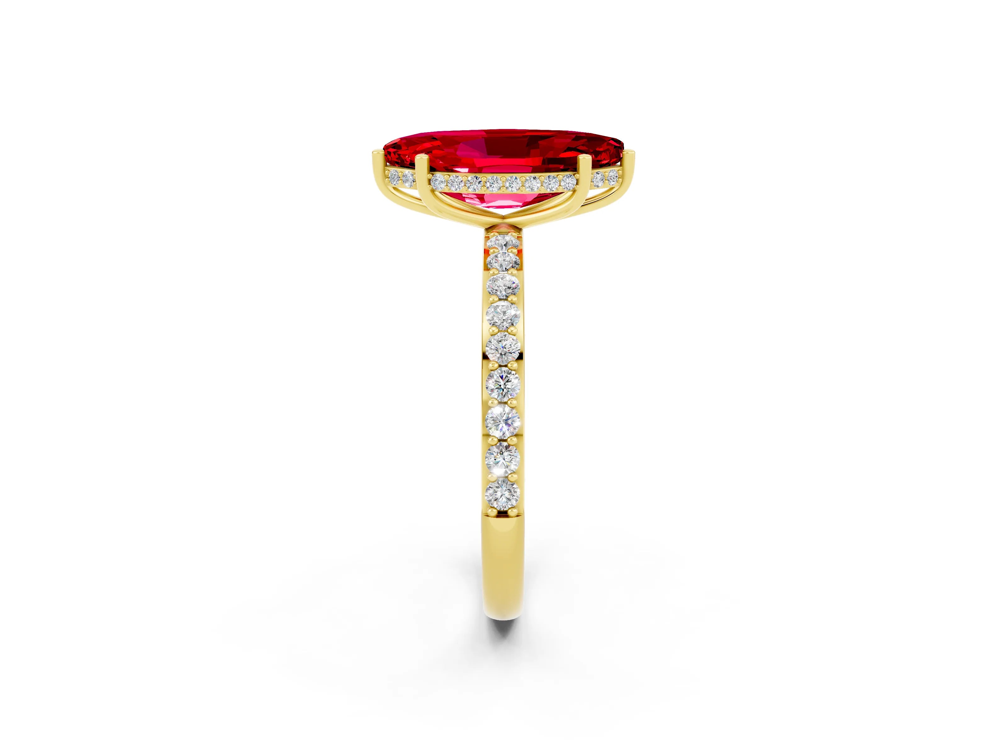 Yellow gold Marquise Cut Ruby Solitaire Ring with Pavé Band and Hidden Halo_14