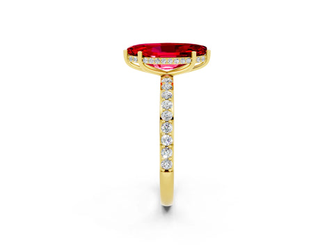 Yellow gold Marquise Cut Ruby Solitaire Ring with Pavé Band and Hidden Halo_14