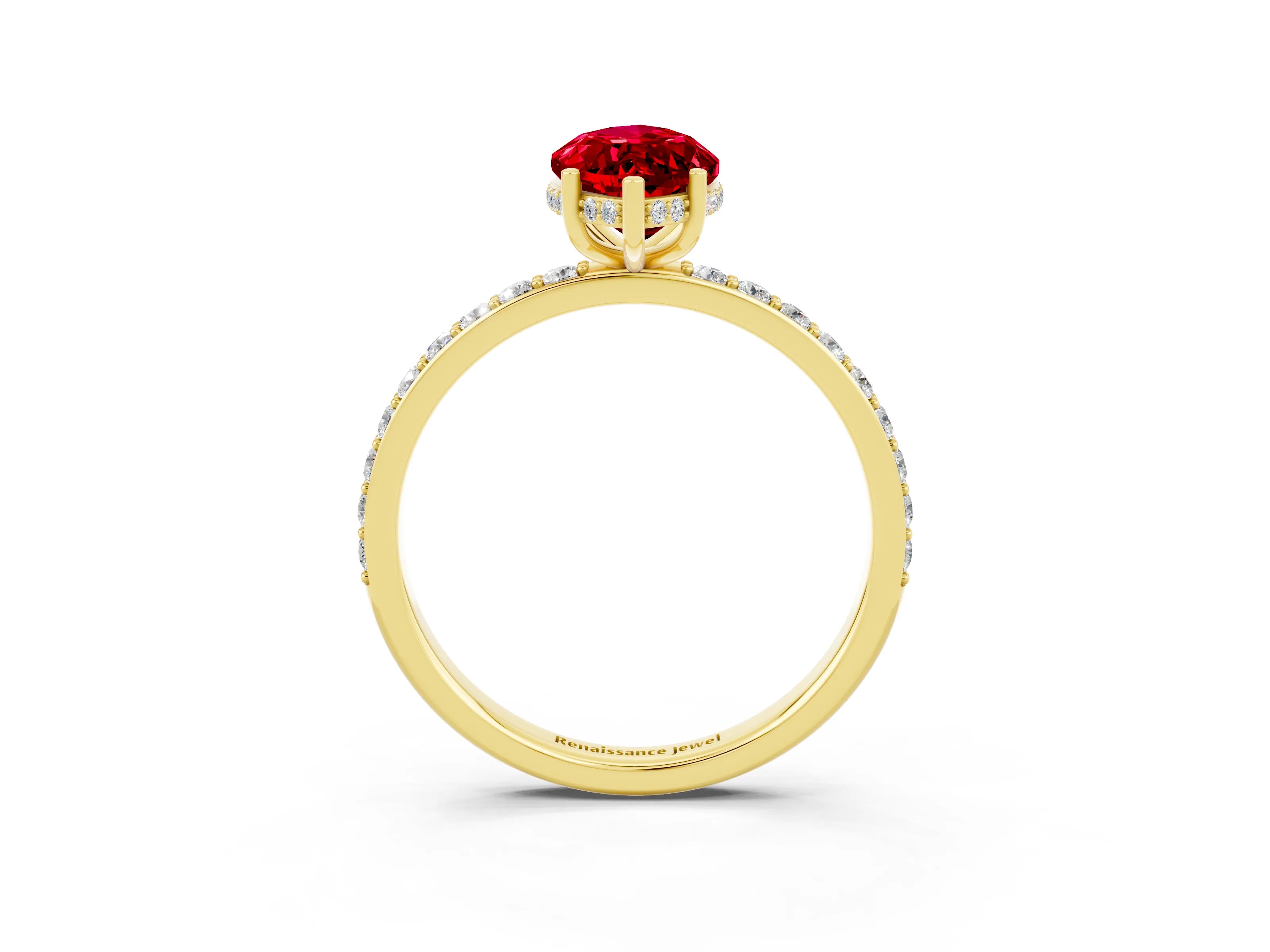 Yellow gold Marquise Cut Ruby Solitaire Ring with Pavé Band and Hidden Halo_15