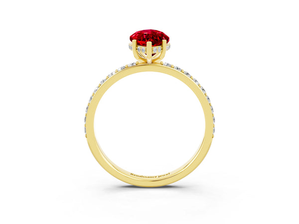 Yellow gold Marquise Cut Ruby Solitaire Ring with Pavé Band and Hidden Halo