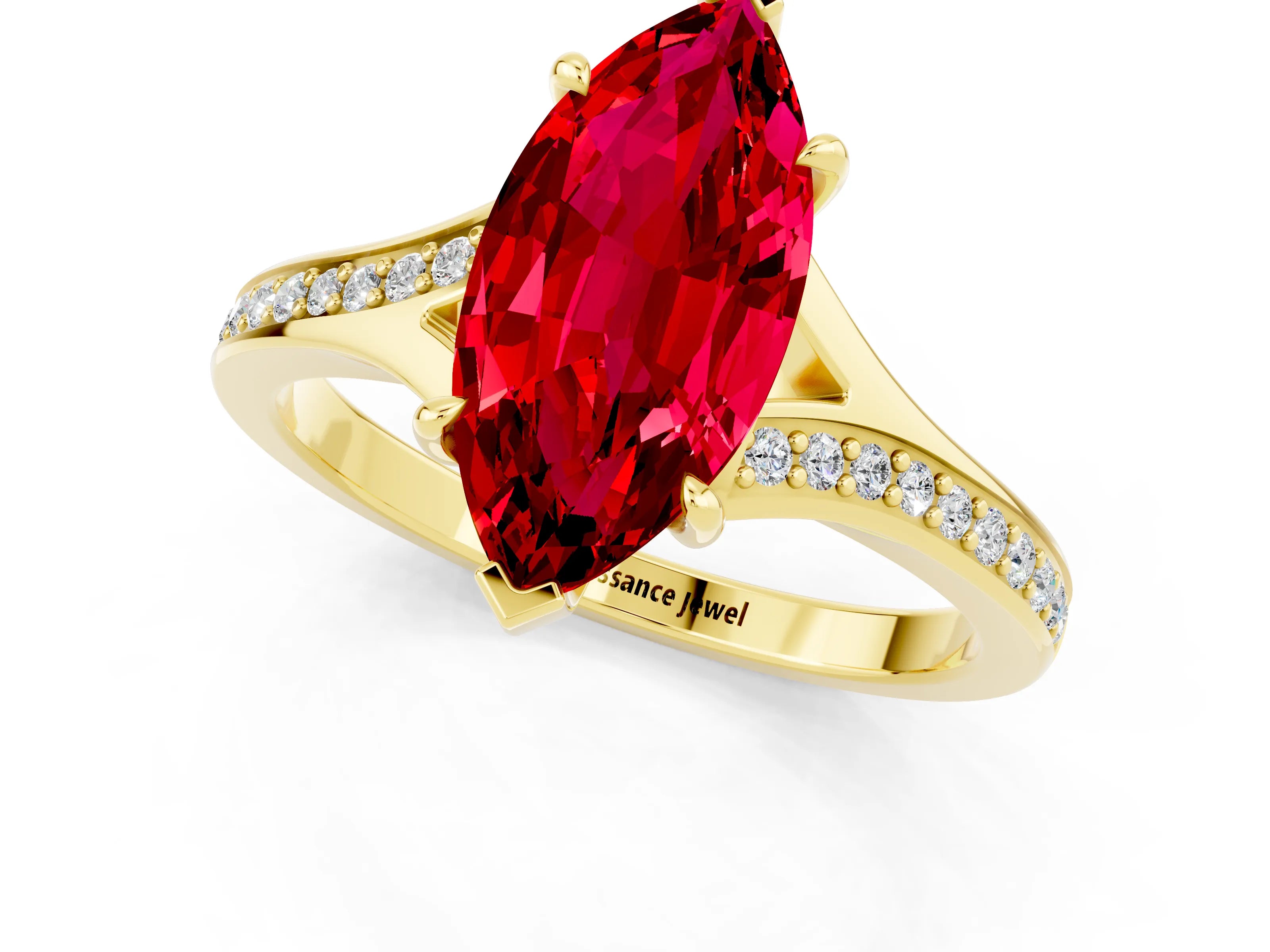 Yellow gold Marquise Cut Ruby Solitaire Ring with Pavé Band and Prong Setting_1
