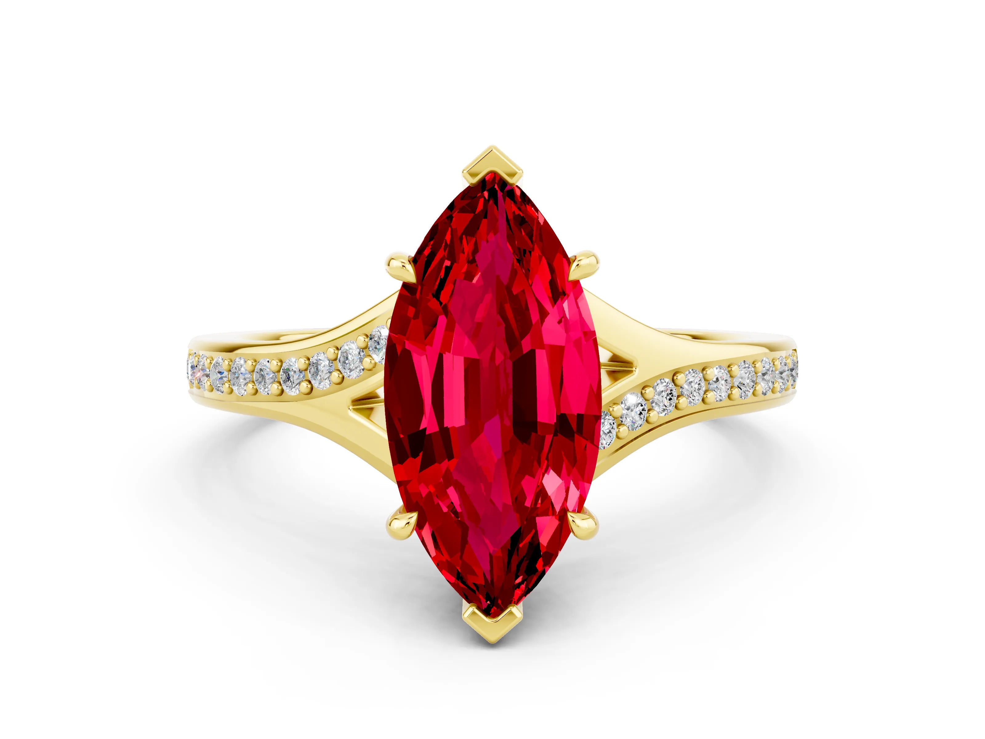 Yellow gold Marquise Cut Ruby Solitaire Ring with Pavé Band and Prong Setting_12
