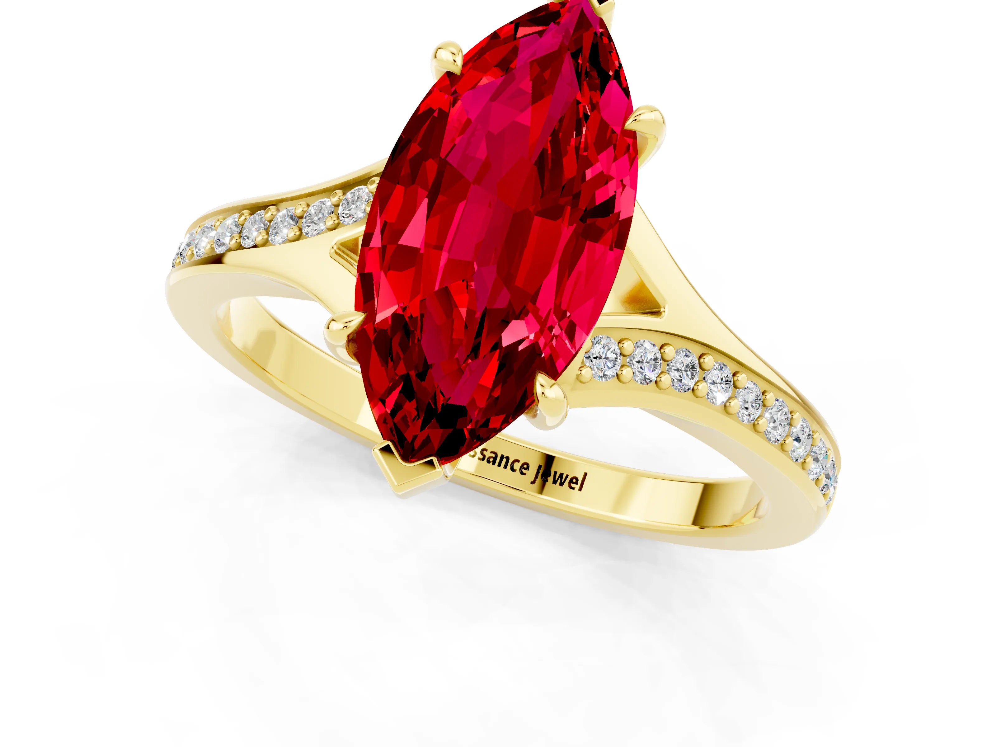 Yellow gold Marquise Cut Ruby Solitaire Ring with Pavé Band and Prong Setting_13