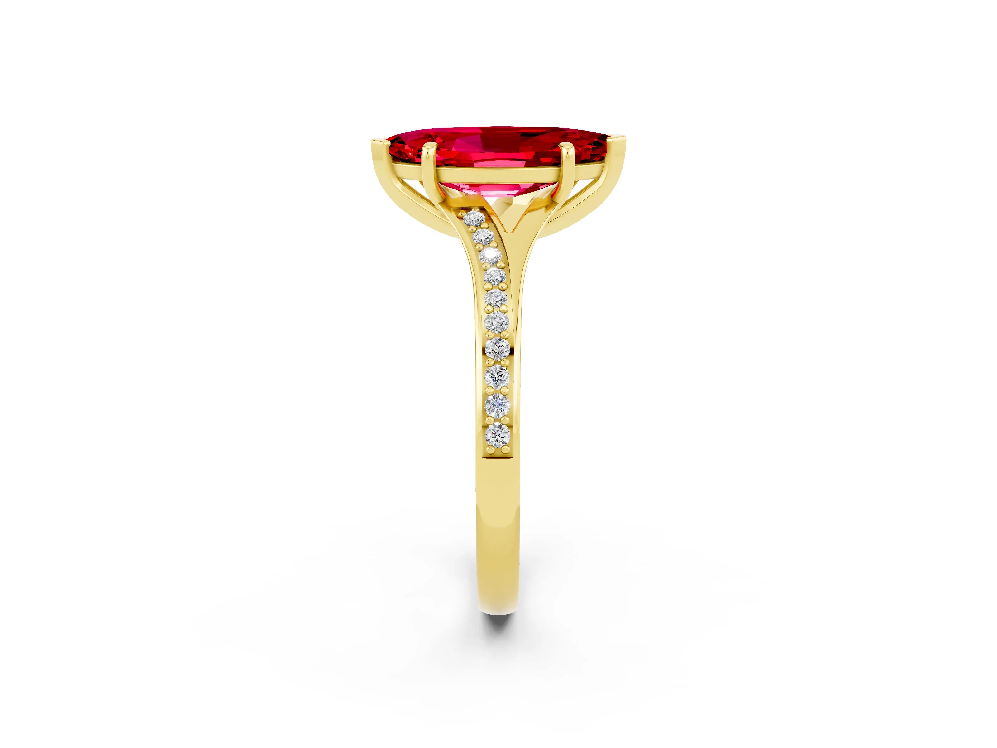 Yellow gold Marquise Cut Ruby Solitaire Ring with Pavé Band and Prong Setting_14