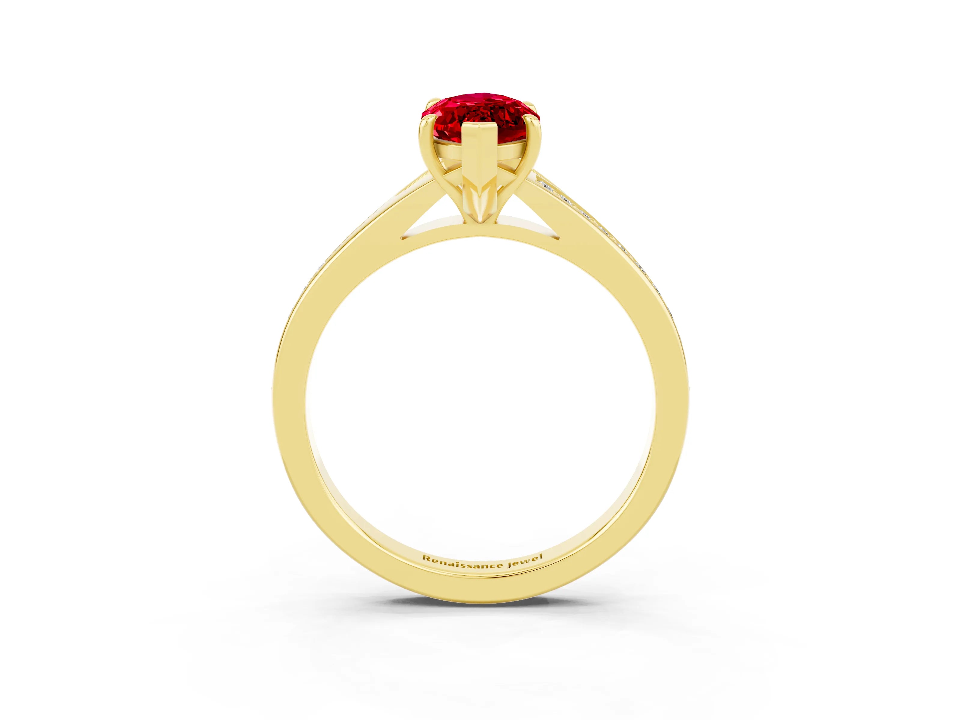 Yellow gold Marquise Cut Ruby Solitaire Ring with Pavé Band and Prong Setting_15