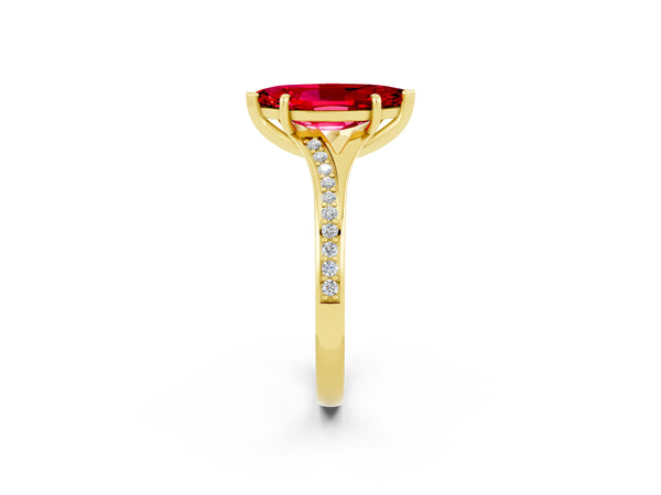 Yellow gold Marquise Cut Ruby Solitaire Ring with Pavé Band and Prong Setting