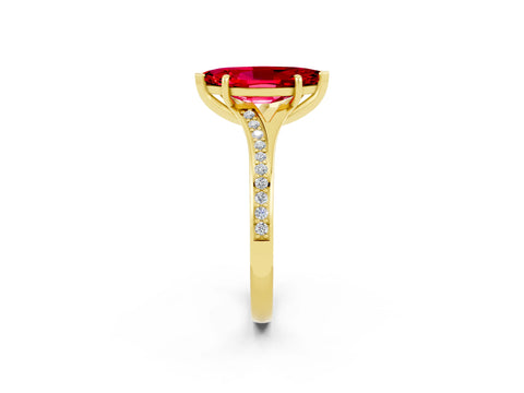 Yellow gold Marquise Cut Ruby Solitaire Ring with Pavé Band and Prong Setting_2
