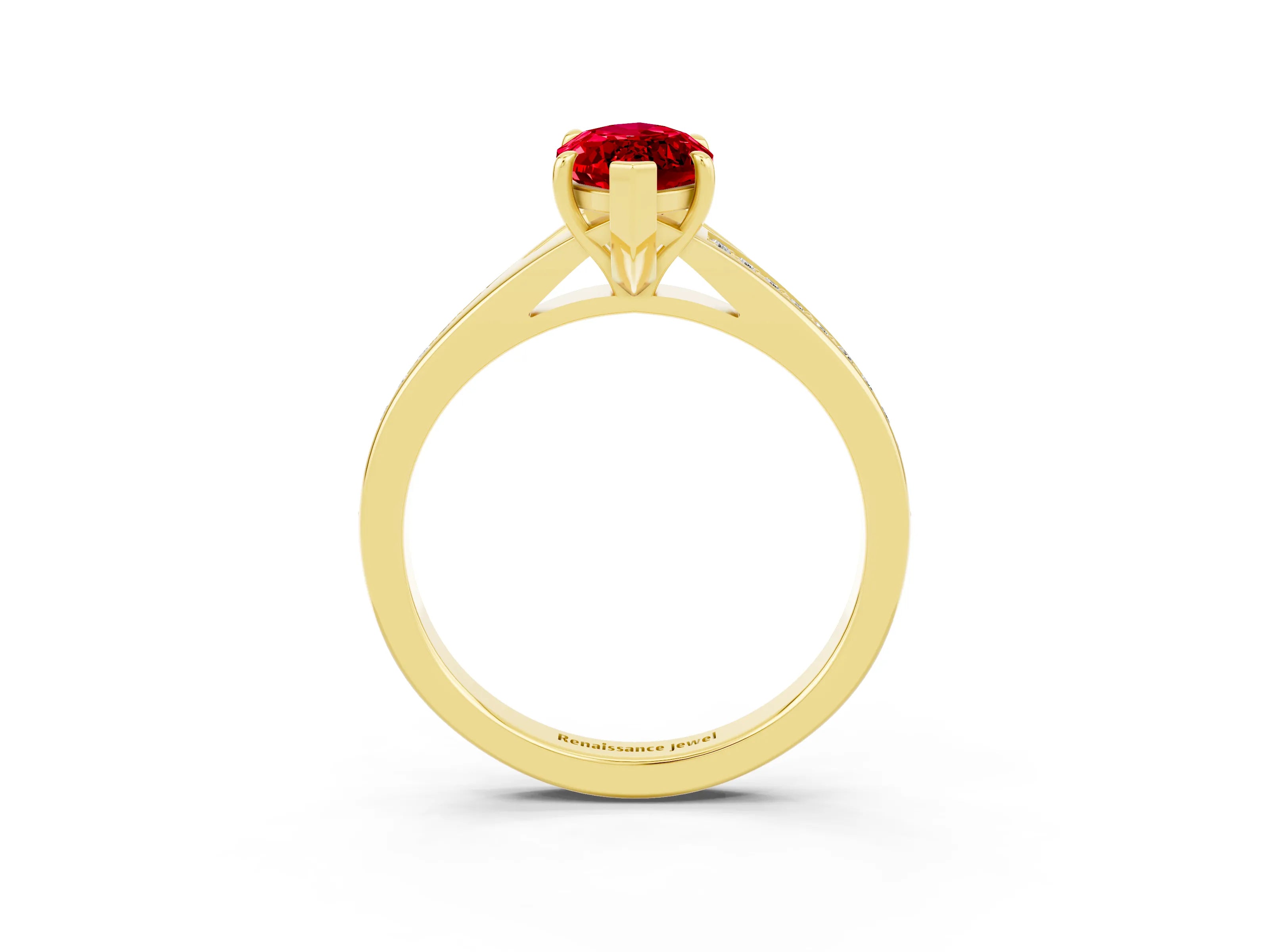 Yellow gold Marquise Cut Ruby Solitaire Ring with Pavé Band and Prong Setting_3
