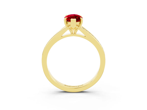 Yellow gold Marquise Cut Ruby Solitaire Ring with Pavé Band and Prong Setting
