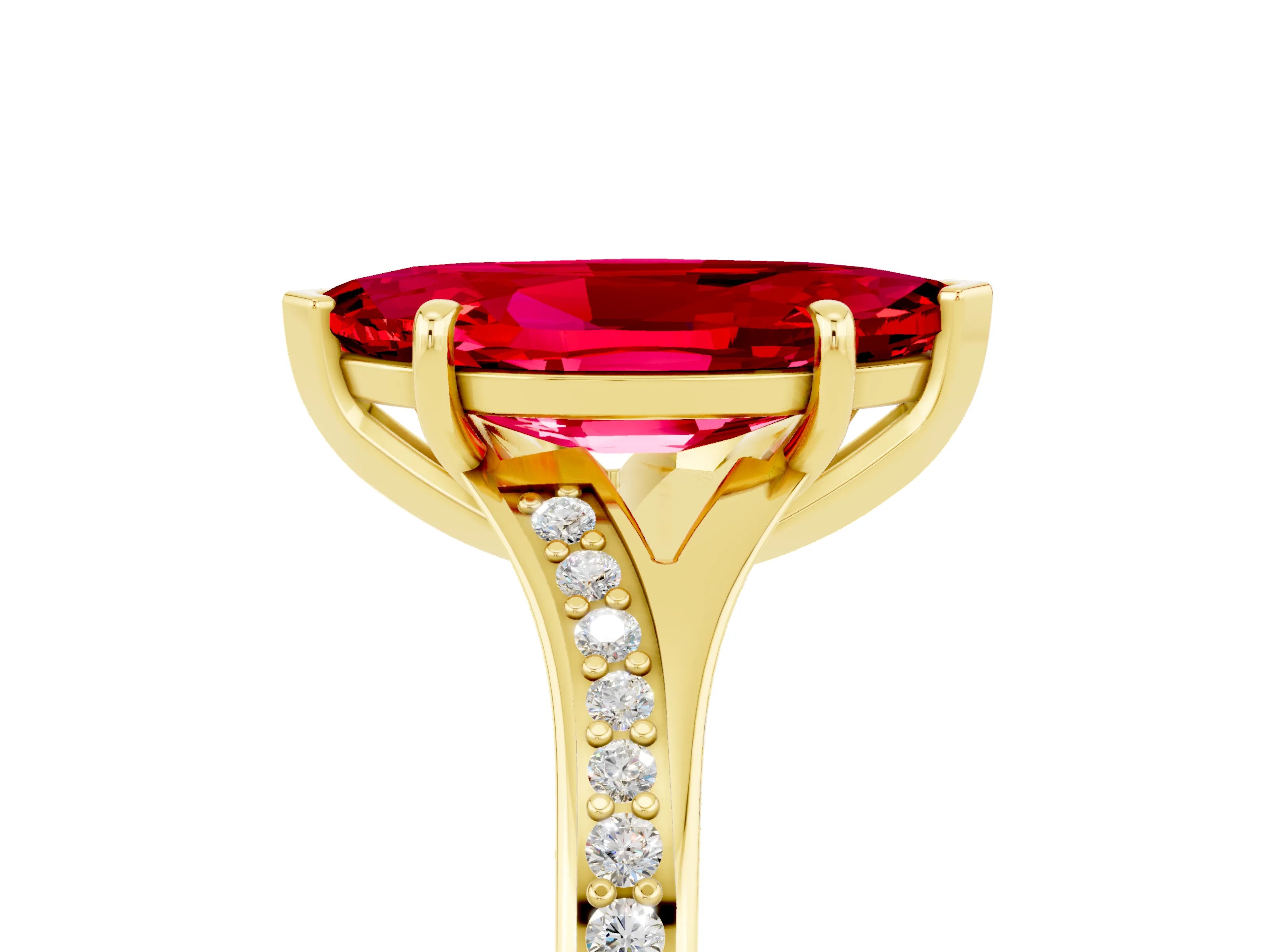 Yellow gold Marquise Cut Ruby Solitaire Ring with Pavé Band and Prong Setting_5