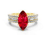 Yellow gold Marquise Cut Ruby Solitaire Ring with Pavé and Channel Set Band