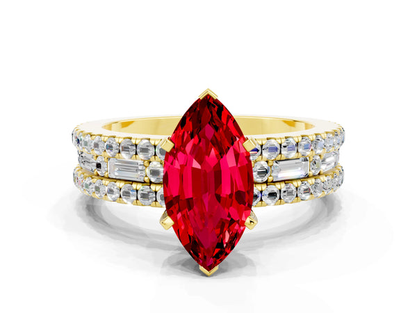 Yellow gold Marquise Cut Ruby Solitaire Ring with Pavé and Channel Set Band