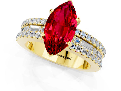 Yellow gold Marquise Cut Ruby Solitaire Ring with Pavé and Channel Set Band_1