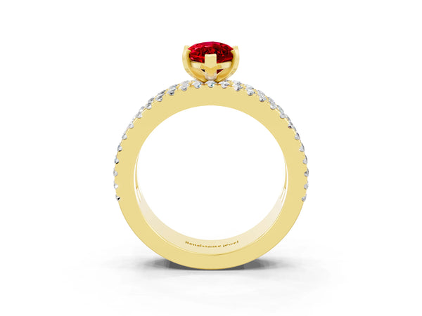 Yellow gold Marquise Cut Ruby Solitaire Ring with Pavé and Channel Set Band
