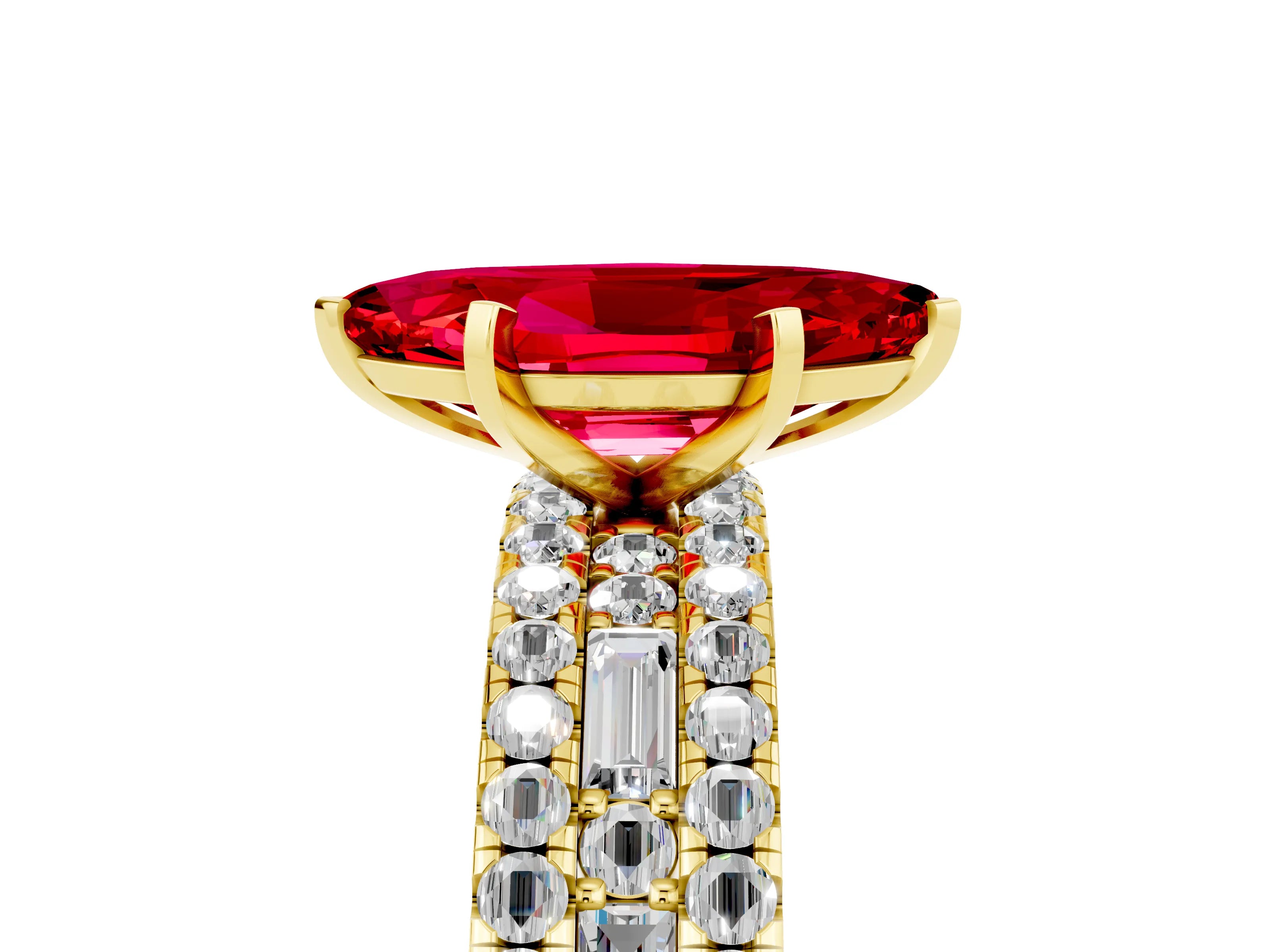 Yellow gold Marquise Cut Ruby Solitaire Ring with Pavé and Channel Set Band_5