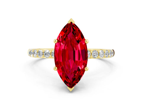 Yellow gold Marquise Cut Ruby Solitaire Ring with Pave Band and Four Prong Setting_12