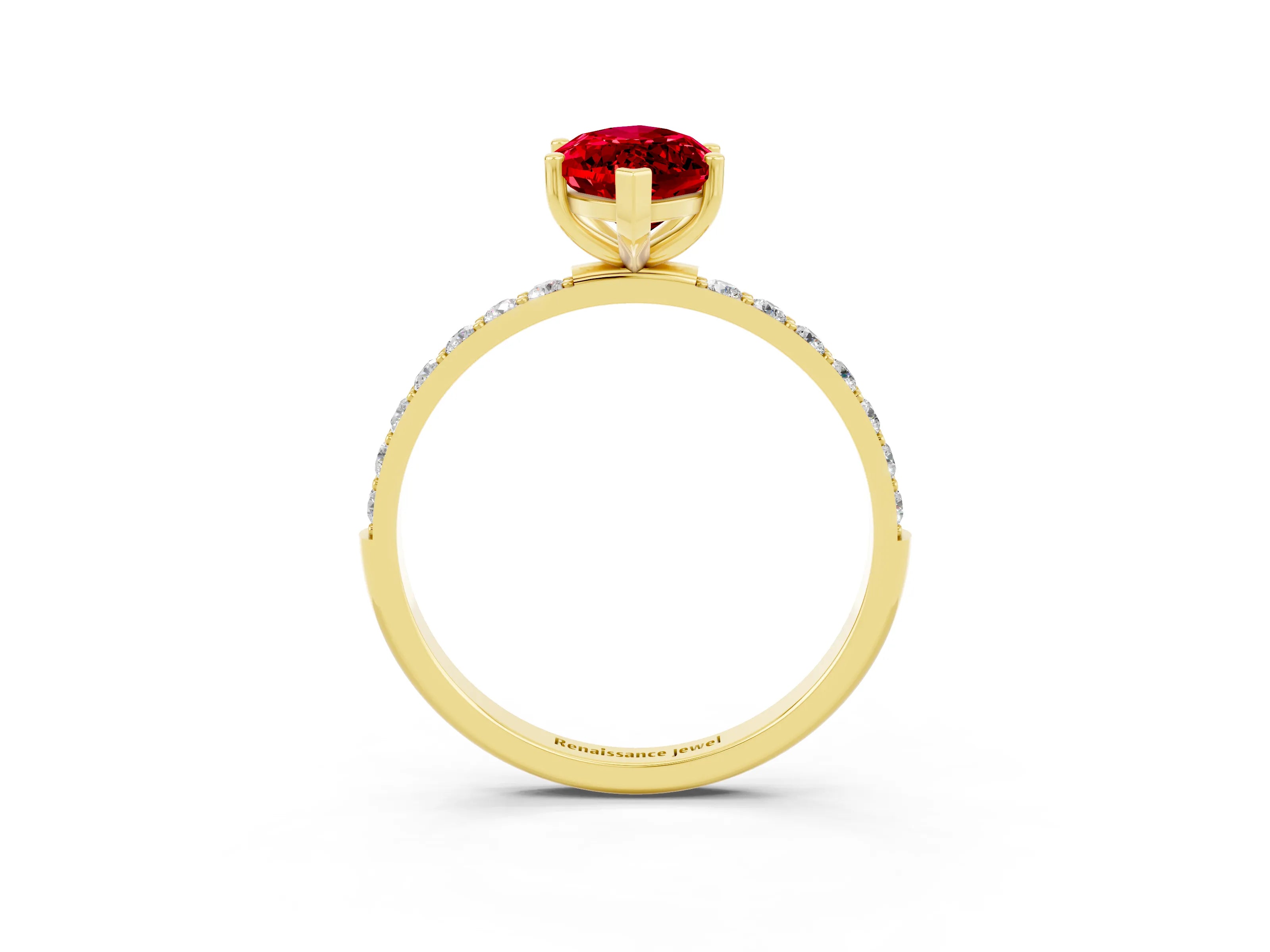 Yellow gold Marquise Cut Ruby Solitaire Ring with Pave Band and Four Prong Setting_15