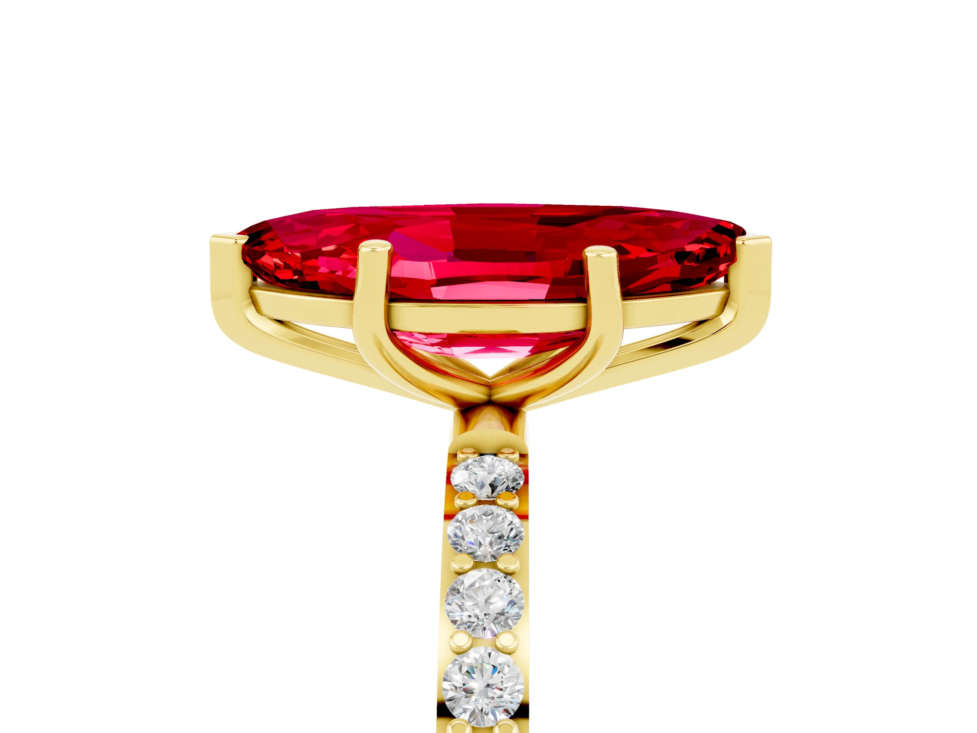 Yellow gold Marquise Cut Ruby Solitaire Ring with Pave Band and Four Prong Setting_17