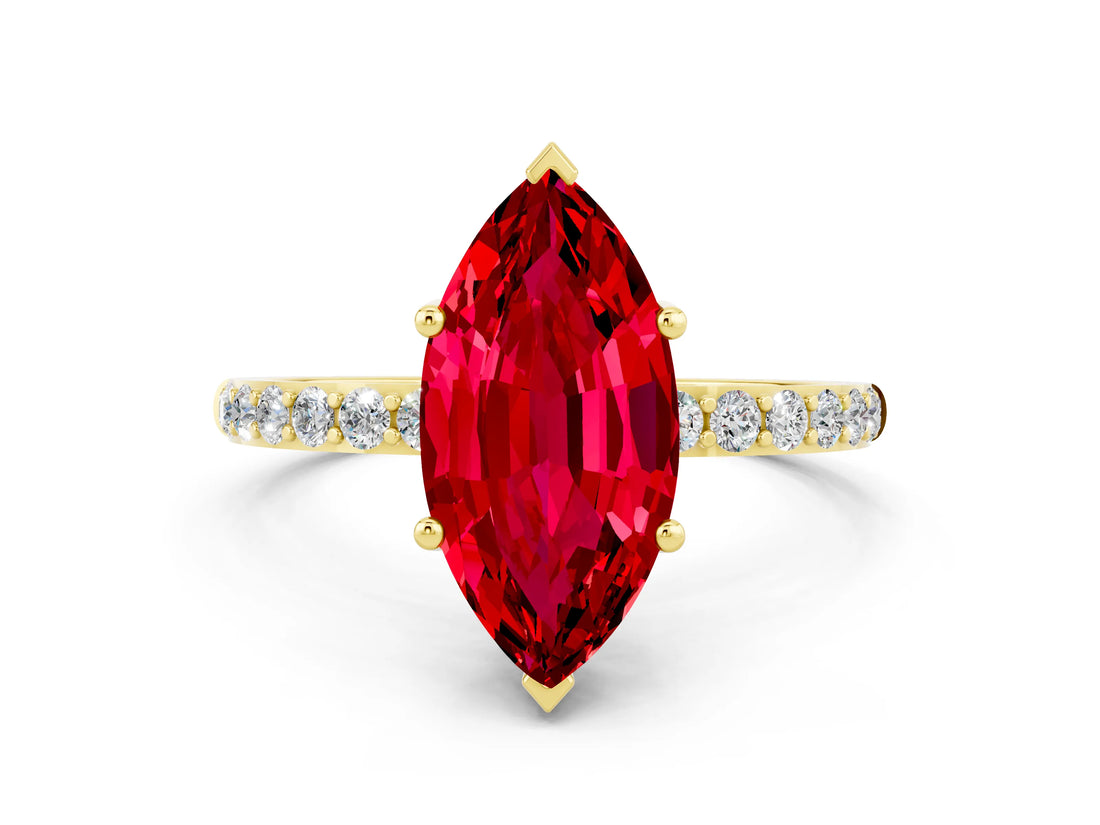 Yellow gold Marquise Cut Ruby Solitaire Ring with Pave Band and Four Prong Setting_24
