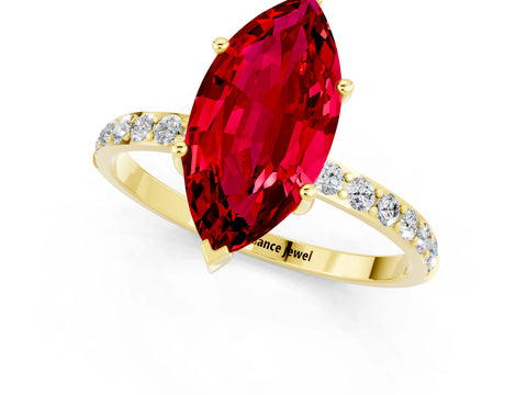 Yellow gold Marquise Cut Ruby Solitaire Ring with Pave Band and Four Prong Setting_25