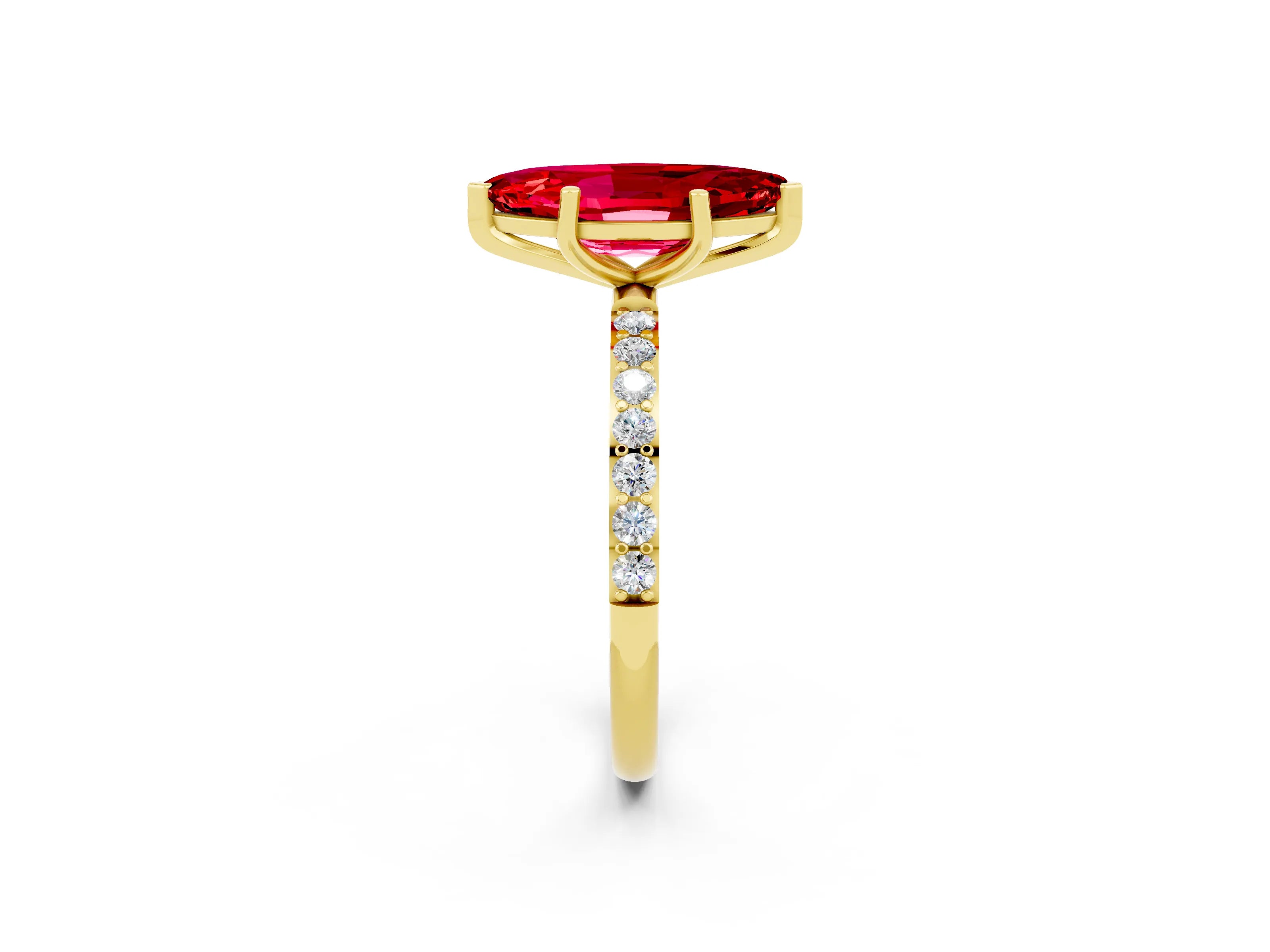 Yellow gold Marquise Cut Ruby Solitaire Ring with Pave Band and Four Prong Setting_26