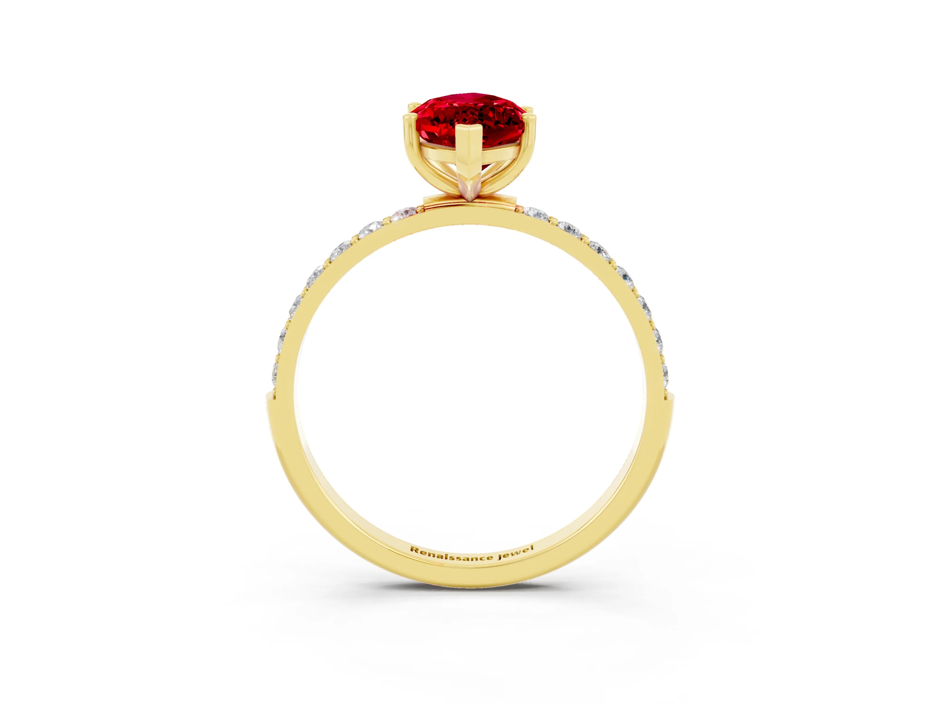 Yellow gold Marquise Cut Ruby Solitaire Ring with Pave Band and Four Prong Setting_27