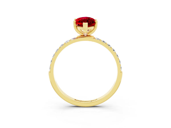 Yellow gold Marquise Cut Ruby Solitaire Ring with Round  Pavé Band and Prong Setting