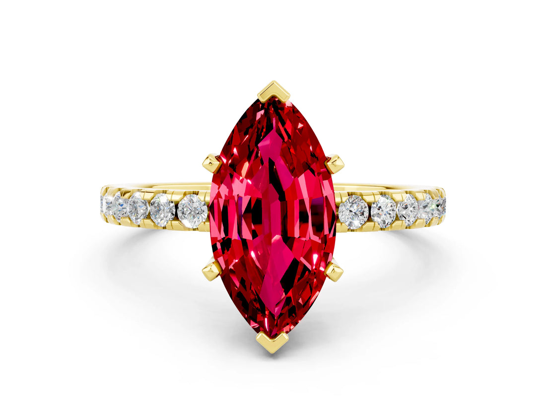 Yellow gold Marquise Cut Ruby Solitaire Ring with Round  Pavé Band and Four-Prong Setting_36