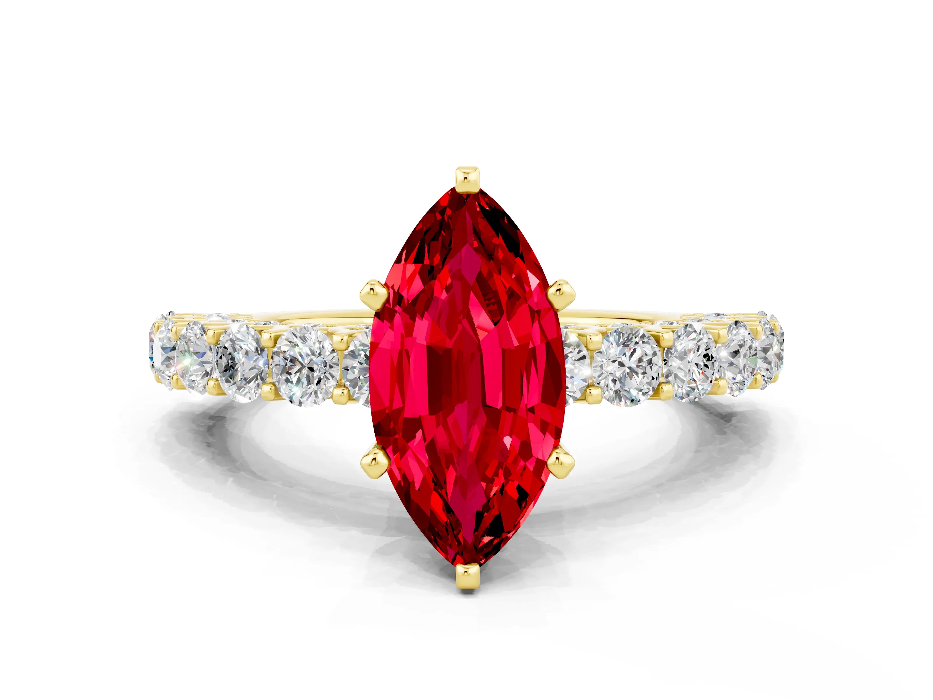 Yellow gold Marquise Cut Ruby Solitaire Ring with Shared Prong Pavé Band and Four-Prong Setting