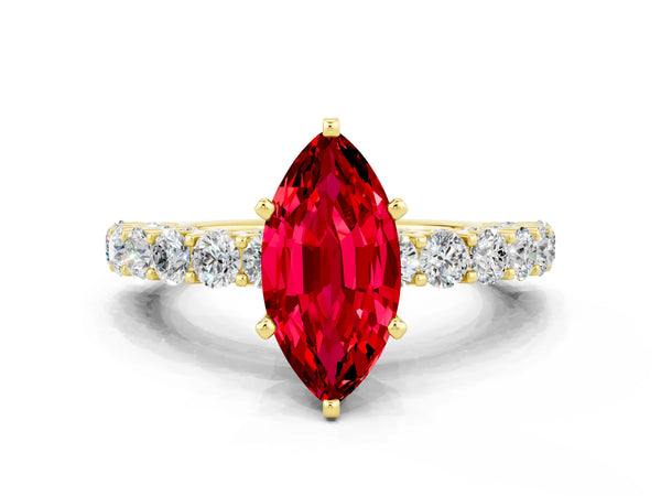 Yellow gold Marquise Cut Ruby Solitaire Ring with Shared Prong Pavé Band and Four-Prong Setting