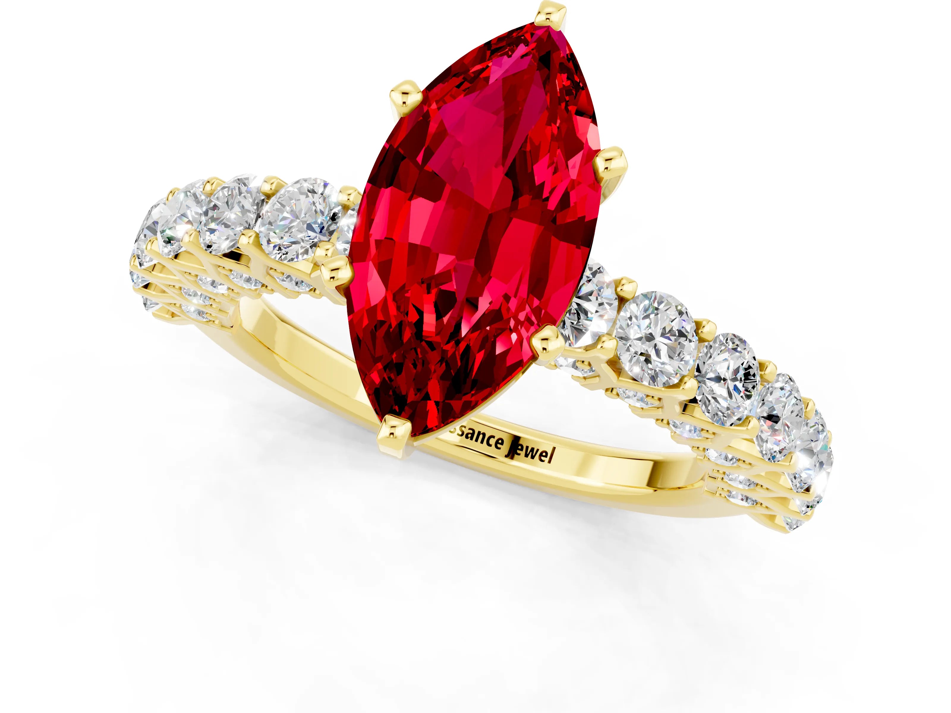 Yellow gold Marquise Cut Ruby Solitaire Ring with Shared Prong Pavé Band and Four-Prong Setting_1