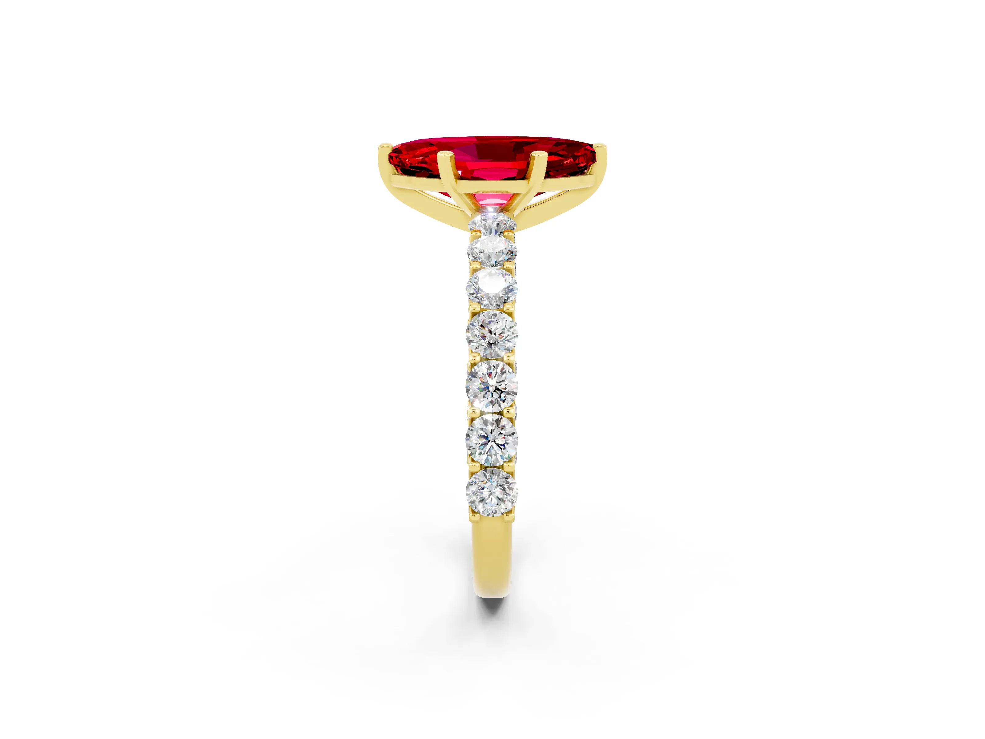 Yellow gold Marquise Cut Ruby Solitaire Ring with Shared Prong Pavé Band and Four-Prong Setting_2