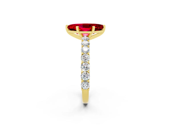 Yellow gold Marquise Cut Ruby Solitaire Ring with Shared Prong Pavé Band and Four-Prong Setting