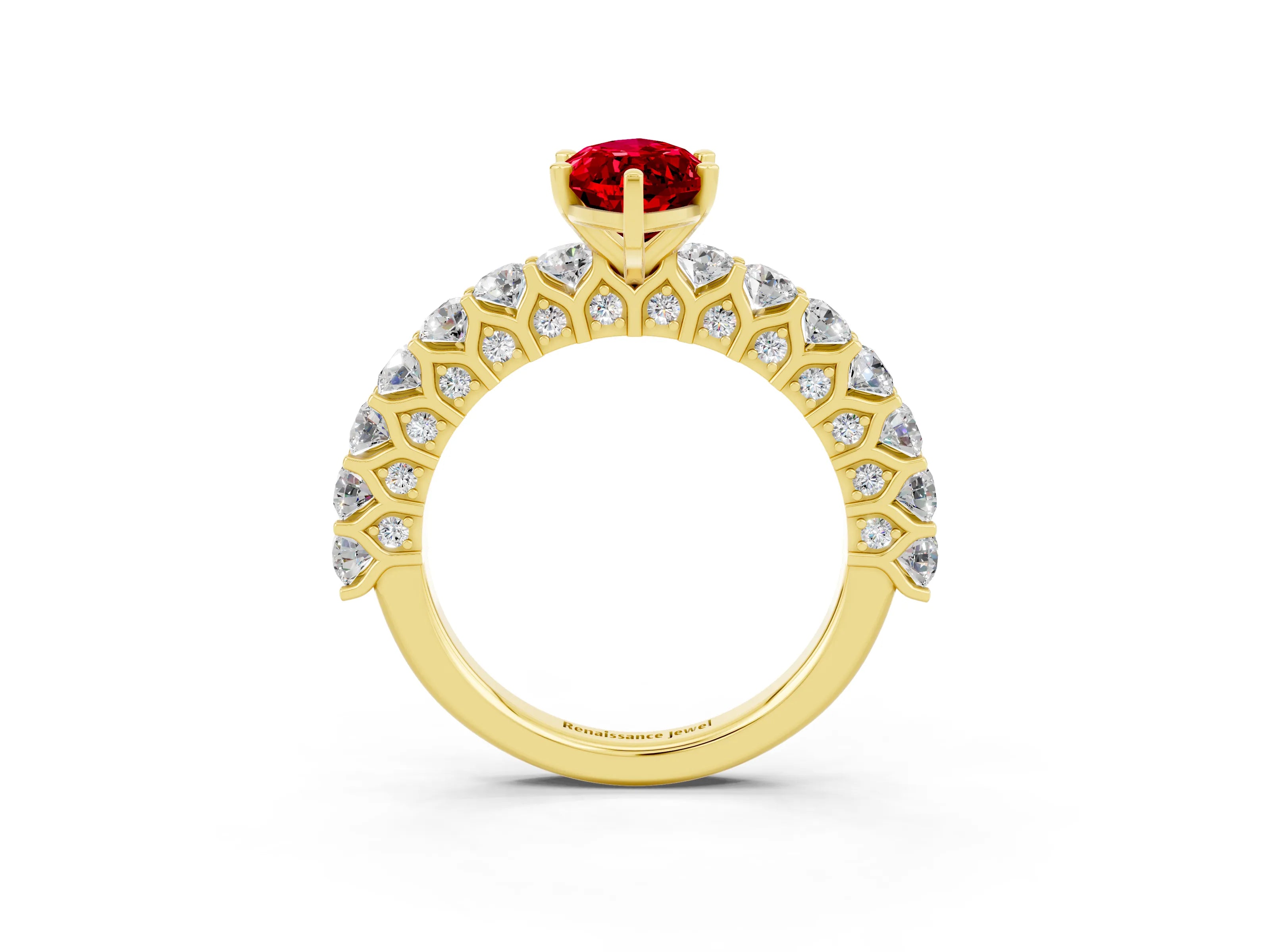 Yellow gold Marquise Cut Ruby Solitaire Ring with Shared Prong Pavé Band and Four-Prong Setting_3
