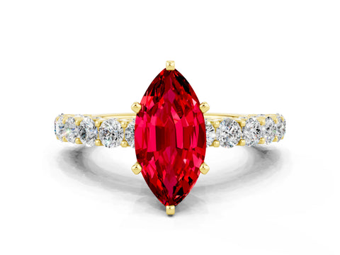 Yellow gold Marquise Cut Ruby Solitaire Ring with Shared Prong Pavé Band and Four-Prong Setting