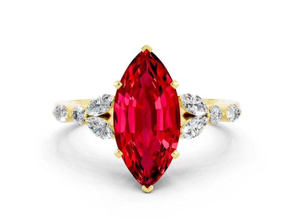 Yellow gold Marquise Cut Ruby Solitaire Ring with Side Stones and Four-Prong Setting