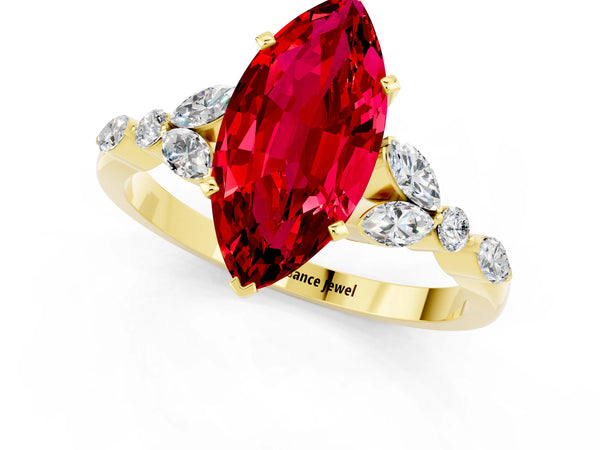 Yellow gold Marquise Cut Ruby Solitaire Ring with Side Stones and Four-Prong Setting