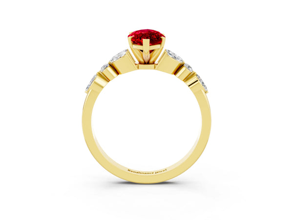 Yellow gold Marquise Cut Ruby Solitaire Ring with Side Stones and Four-Prong Setting