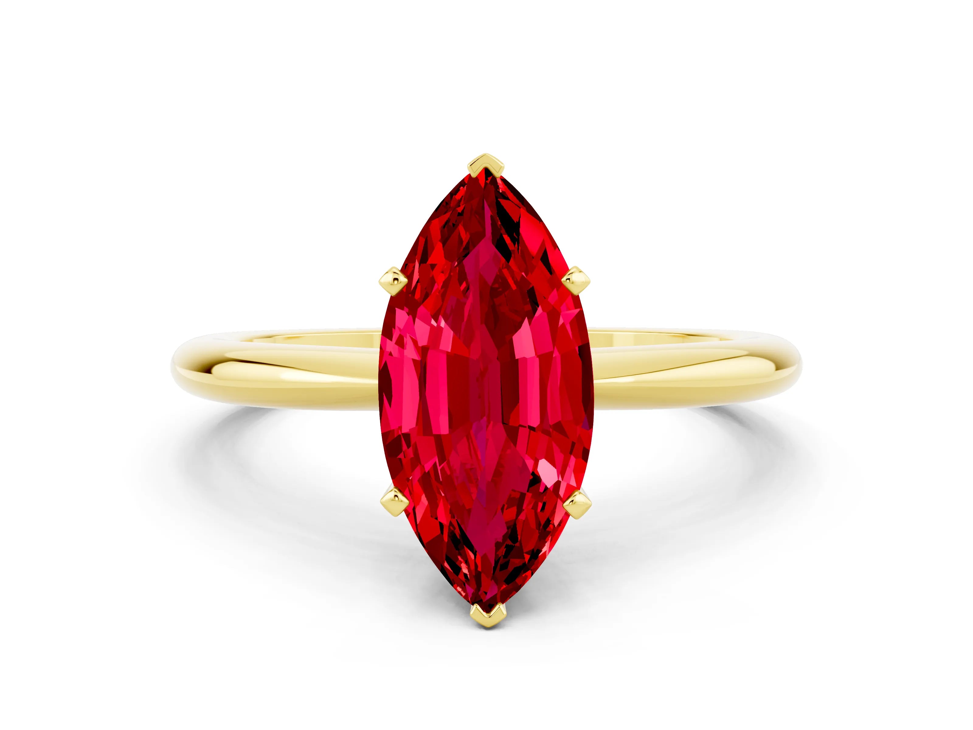 Yellow gold Marquise Cut Ruby Solitaire Ring with Six-Prong Setting and Classic Band