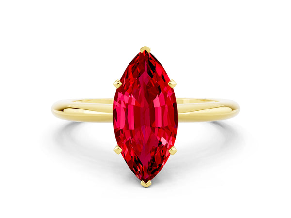 Yellow gold Marquise Cut Ruby Solitaire Ring with Six-Prong Setting and Classic Band