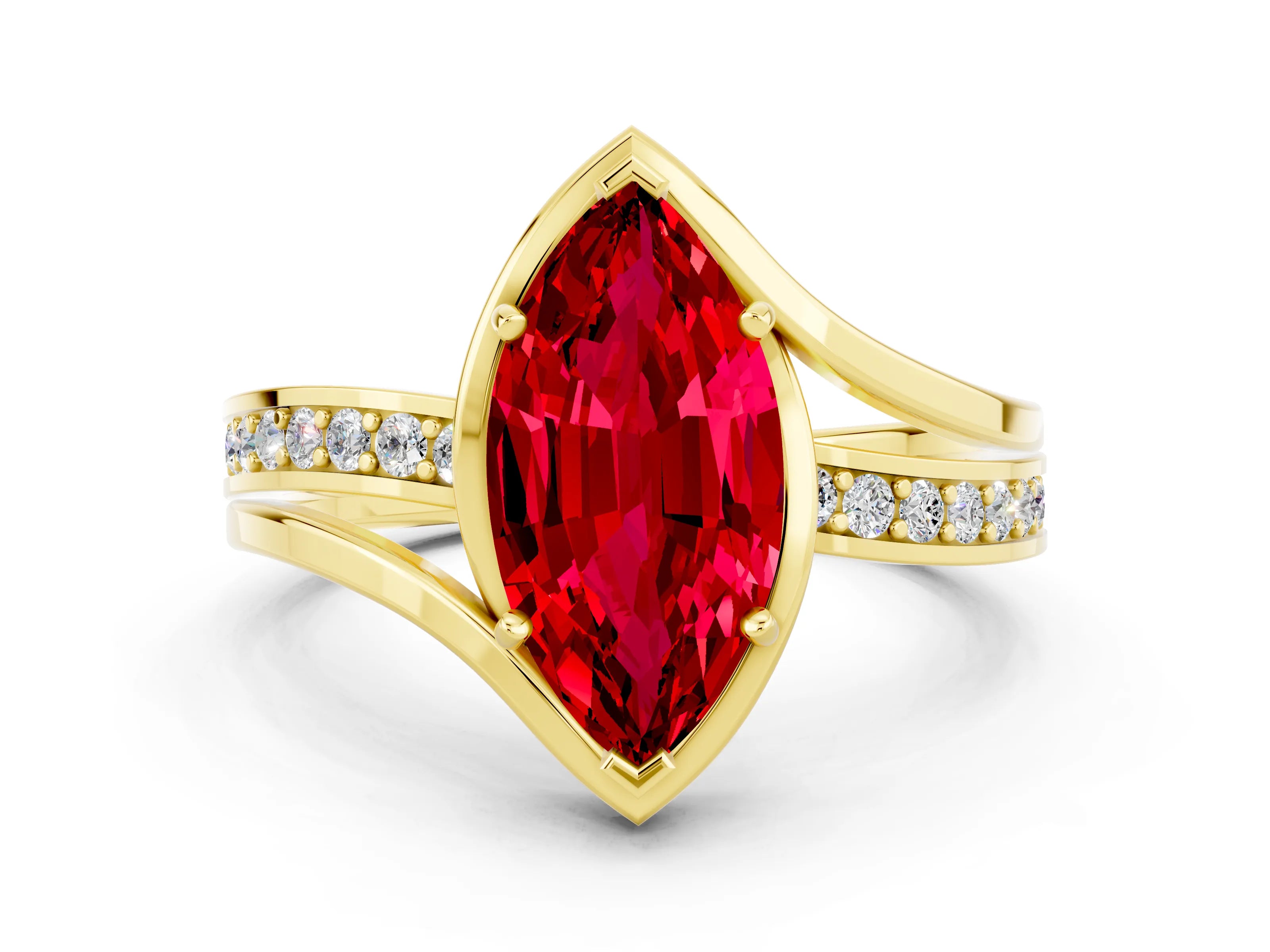 Yellow gold Marquise Cut Ruby Solitaire Ring with Split Shank and Prong Setting