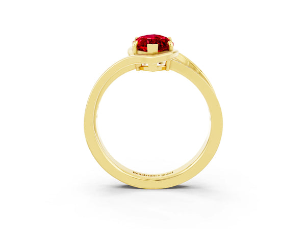 Yellow gold Marquise Cut Ruby Solitaire Ring with Split Shank and Prong Setting