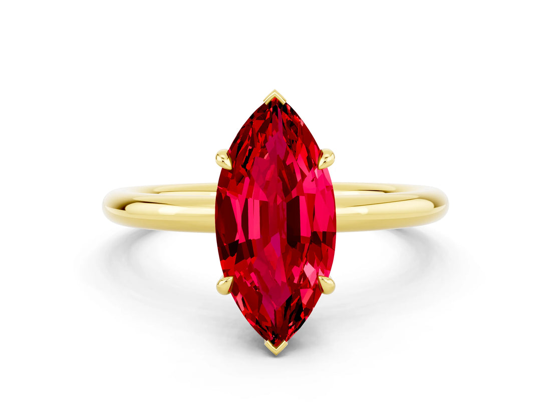 Yellow gold Marquise Cut Ruby Solitaire Ring with Thin Band and Four-Prong Setting_12